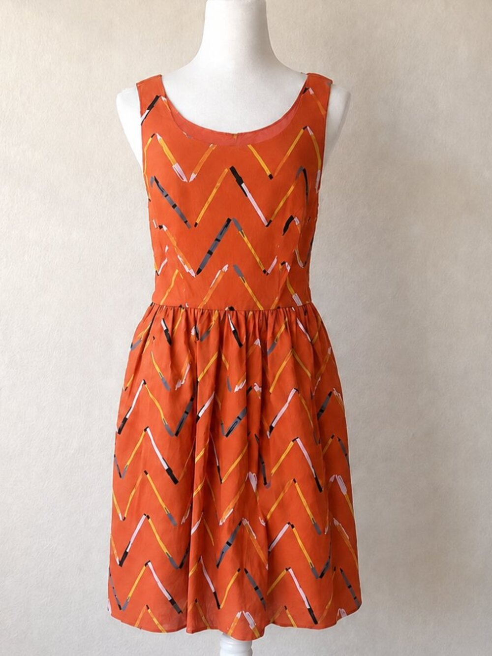 ModCloth Optimistic Effect Pen & Pencil Chevron Teacher Dress M Orange Pockets